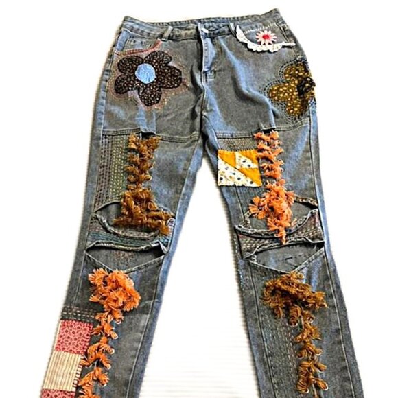Totally hand patched embroidered upcycled custom Womens jeans 1 of a kind - Med - Picture 1 of 11